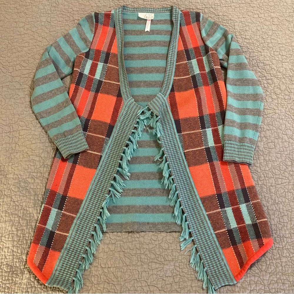 Matilda Jane 435 Aqua and Coral Striped Plaid Cardigan Sweater Girls size 8